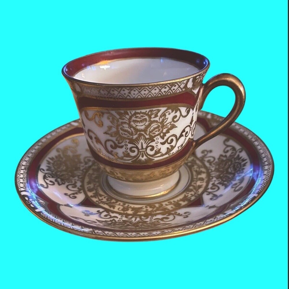 Noritake Hand Painted Demitasse Espresso Cup and Saucer, Red Gold Japan